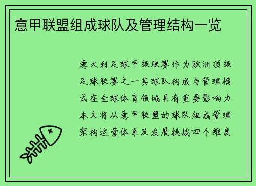 意甲联盟组成球队及管理结构一览