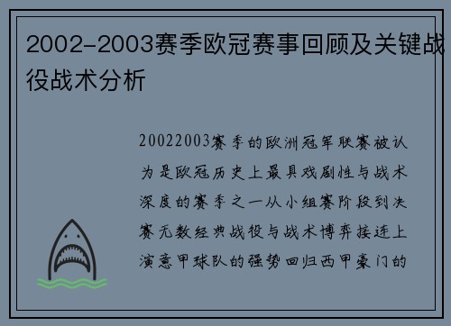 2002-2003赛季欧冠赛事回顾及关键战役战术分析